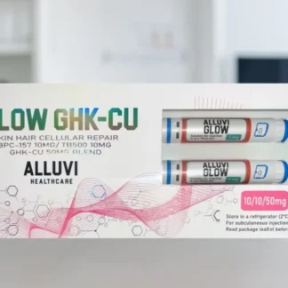 Alluvi Glow Pen 70mg box containing two pre-filled ALLUVI GLOW pens, BPC-157 10mg, TB-500 10mg and GHK-Cu 50mg blend
