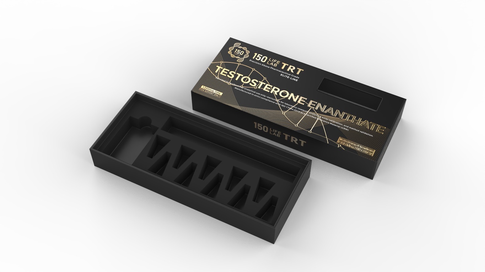 Open 150 Life Lab Testosterone Enanthate box showing moulded tray inserts